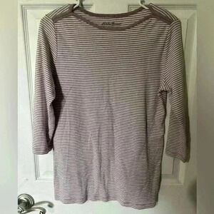 Eddie Bauer ladies large purple and white boatneck 100% cotton 3/4 length sleeve